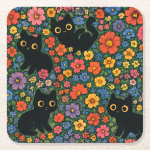 Porta-copo De Papel Quadrado Arte de Jardim Kawaii Padrão Floral de Gato Pret