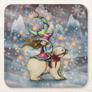 Porta-copo De Papel Quadrado Arte de Natal de Elfo Montado em Urso Polar