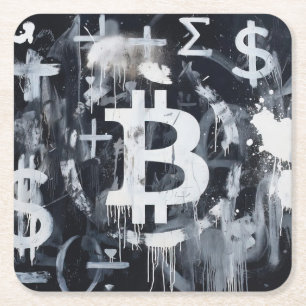 Porta-copo De Papel Quadrado Arte de Rua da Moeda Bitcoin (Pintura Preta No. 1)