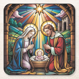 Porta-copo De Papel Quadrado Arte de Vitral da Natividade – Natal da Sagrada Fa