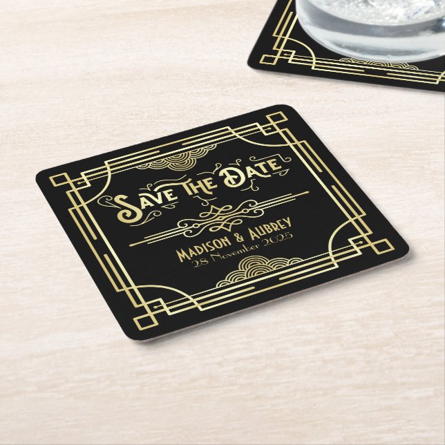 Porta-copo De Papel Quadrado Arte Deco Casamento Elegante Dourado Guarde a Data (Inclinado)