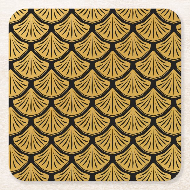 Porta-copo De Papel Quadrado Arte Deco Escalas de Sereia - Preto e Dourado (Frente)