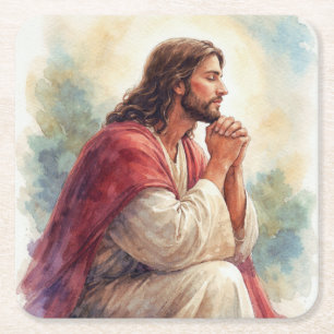 Porta-copo De Papel Quadrado Arte em Aquarela de Jesus em Oração Fé Cristã