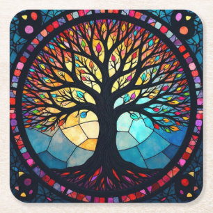 Porta-copo De Papel Quadrado Arte em Vidro Colorido, Árvore da Vida em Vidro Co