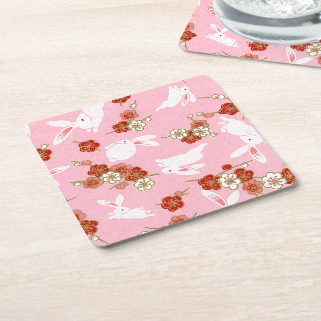 Porta-copo De Papel Quadrado Arte Japonesa: Sakuras e Coelhos Rosa (Inclinado)
