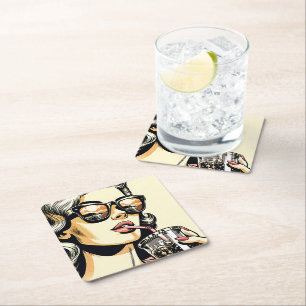 Porta-copo De Papel Quadrado Arte Pop de Quadrinhos Mulher Bonita Bebendo Refri