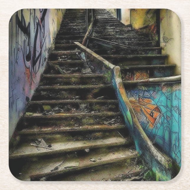 Porta-copo De Papel Quadrado Arte Urbana em Escadas de Edifício Abandonado (Frente)