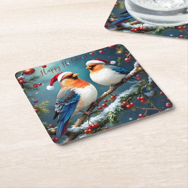 Porta-copo De Papel Quadrado Artistic Holiday Christmas Birds With Santa Hats (Inclinado)