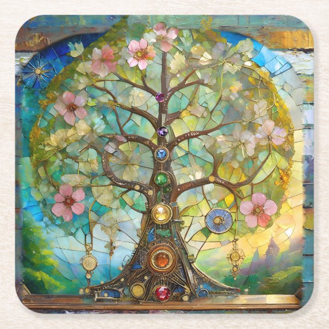 Porta-copo De Papel Quadrado Árvore Da Vida Em Flor Dos 7 Chakras (Frente)