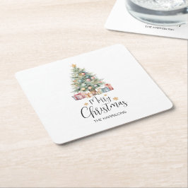 Porta-copo De Papel Quadrado Árvore de Natal de Aquarela Elegante Personalizada