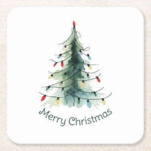 Porta-copo De Papel Quadrado Árvore de Natal de Aquarela Minimalista