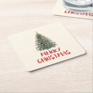Porta-copo De Papel Quadrado Árvore de Natal em Aquarela Rústica Natal Férias