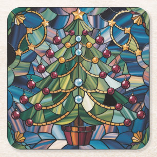 Porta-copo De Papel Quadrado Árvore de Natal em Vidro Colorido Estilo Tiffany