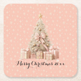 Porta-copo De Papel Quadrado Árvore de Natal Rosa Girly e saudações personaliza