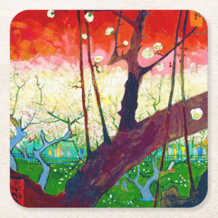 Porta-copo De Papel Quadrado Árvore florescente de ameixa (após Hiroshige), V