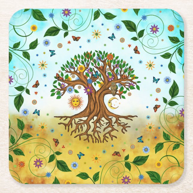 Porta-copo De Papel Quadrado Árvore Whimsical da Vida - Yggdrasil (Frente)