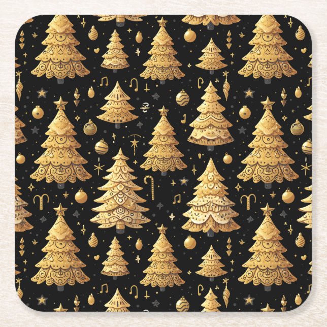 Porta-copo De Papel Quadrado Árvores de Natal Douradas Elegantes (Frente)