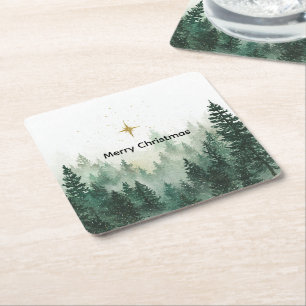 Porta-copo De Papel Quadrado Árvores de Natal Verdes Estrela de Ouro Natal