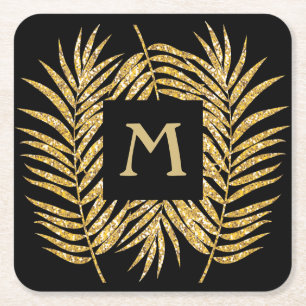 Porta-copo De Papel Quadrado As frondas Dourados tropicais da palmeira do