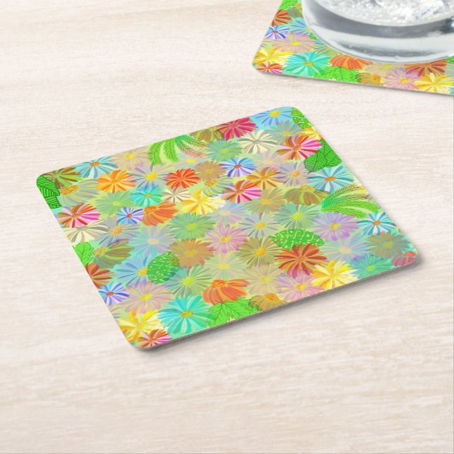 Porta-copo De Papel Quadrado Aster & Cone flores e folhas tropicais aquarela (Inclinado)