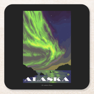 Porta-copo De Papel Quadrado Aurora boreal e viagens vintage das orcas