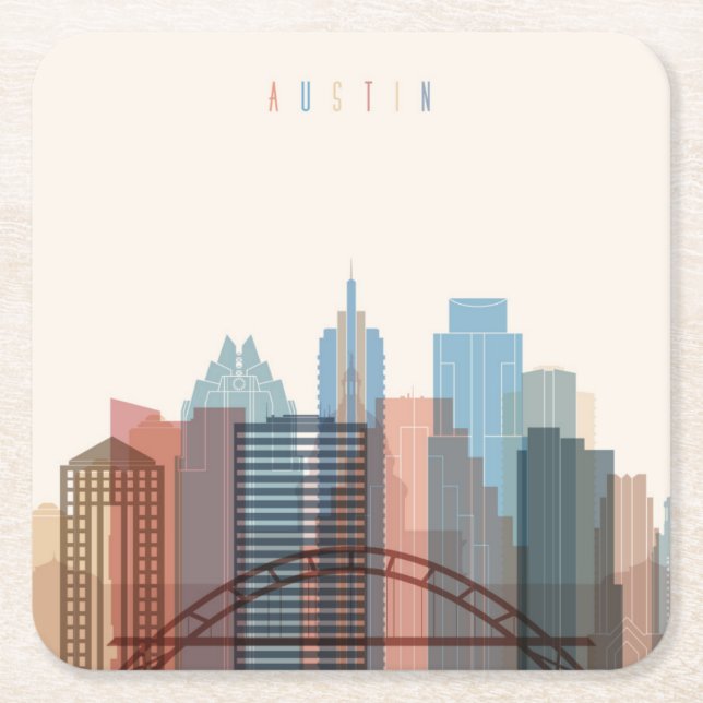 Porta-copo De Papel Quadrado Austin, skyline da cidade de Texas | (Frente)