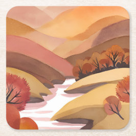 Porta-copo De Papel Quadrado Autumn Abode | Fall Foliage Watercolor Landscape