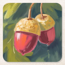 Porta-copo De Papel Quadrado Autumn Acorns | Watercolor Fall Red Green