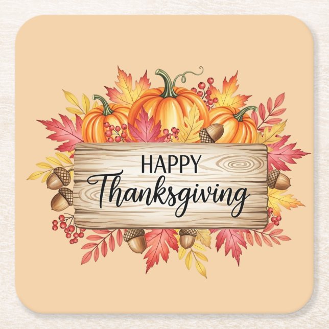 Porta-copo De Papel Quadrado Autumn Blessings – Rustic Thanksgiving  (Frente)
