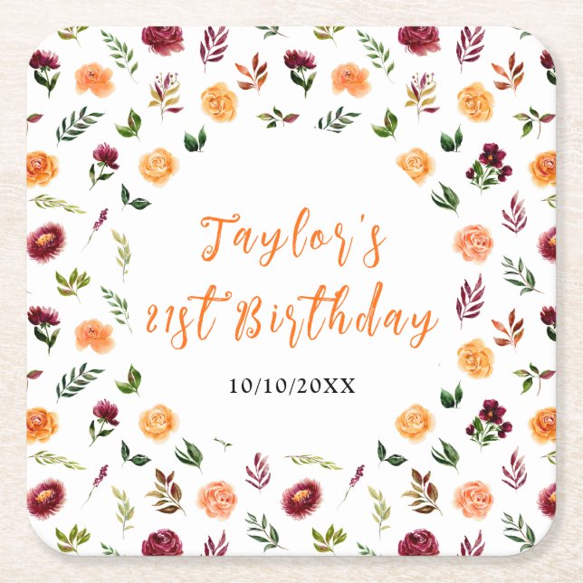 Porta-copo De Papel Quadrado Autumn Burgundy and Orange Floral Birthday (Frente)