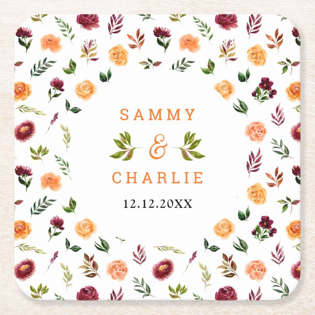 Porta-copo De Papel Quadrado Autumn Burgundy e Orange Floral Weding (Frente)