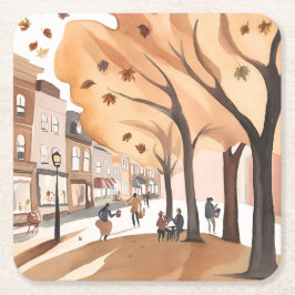 Porta-copo De Papel Quadrado Autumn City Park | Fall Foliage Watercolor