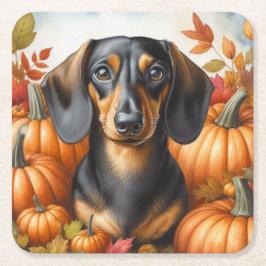 Porta-copo De Papel Quadrado Autumn Dachshund Delight: Costa Preta e Caiu de Ta