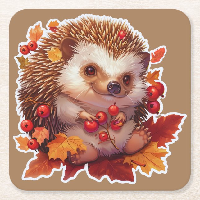 Porta-copo De Papel Quadrado Autumn Hedgehog Adventure (Frente)