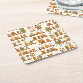 Porta-copo De Papel Quadrado Autumn Pantry Shelves Watercolor Pattern
