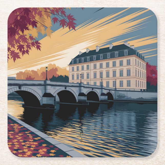 Porta-copo De Papel Quadrado Autumn Riverside European City Illustration Art (Frente)