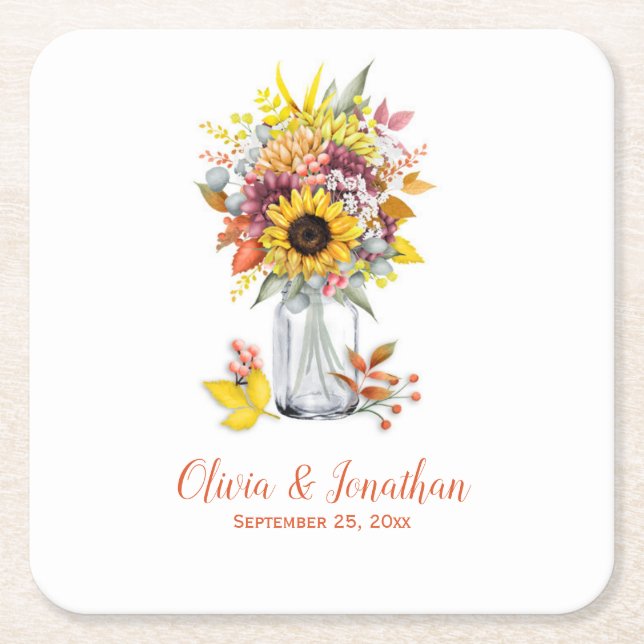 Porta-copo De Papel Quadrado Autumn Sunflower Floral Mason Jar Wedding (Frente)