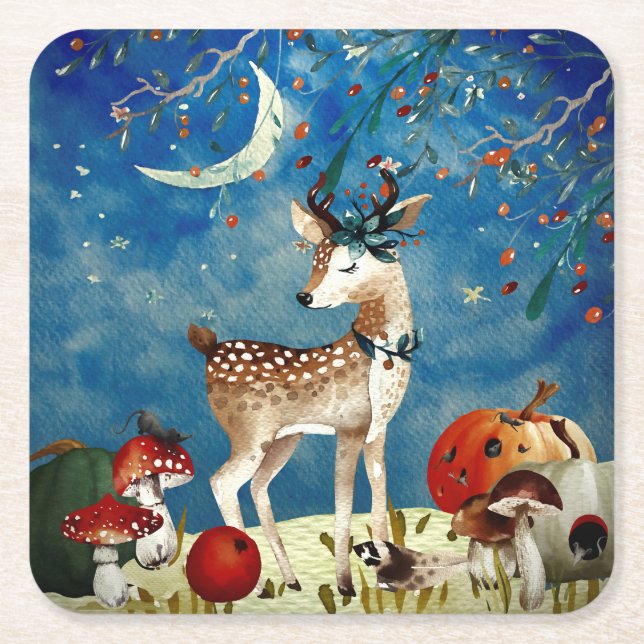 Porta-copo De Papel Quadrado Autumn Woodland Friends Deer Forest Ilustration (Frente)