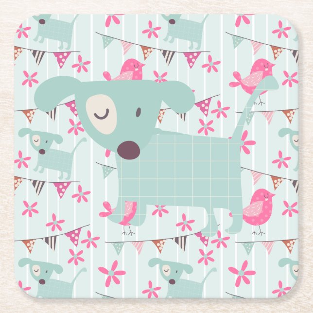 Porta-copo De Papel Quadrado Aves, Cães, Bandeiras, Flores (Frente)