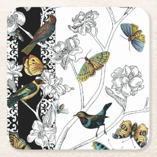 Porta-copo De Papel Quadrado Aves e Borboleta sobre fundo preto-e-branco