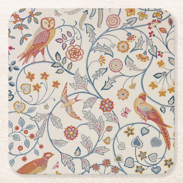 Porta-copo De Papel Quadrado Aves e Flores, William Morris (Frente)