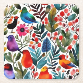 Porta-copo De Papel Quadrado Aves florais coloridas
