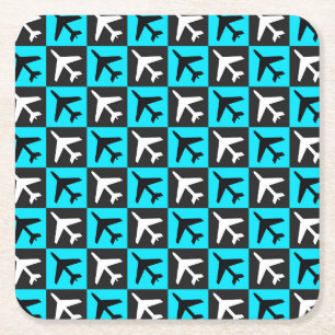 Porta-copo De Papel Quadrado Avião de Jatos de Aviação Negra Geométrico Azul