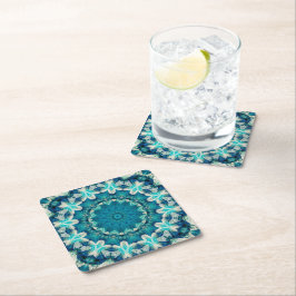 Porta-copo De Papel Quadrado Azul Aqua Mandala Rosette Retro Hippie