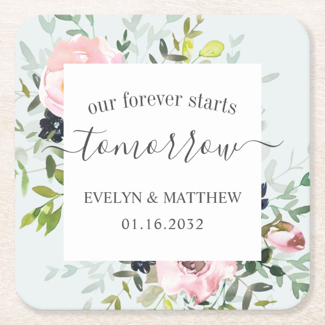 Porta-copo De Papel Quadrado Azul Aquarela Floral Para Sempre Começa Amanhã (Frente)