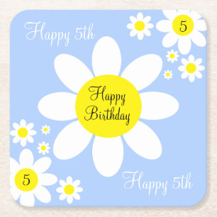 Porta-copo De Papel Quadrado Azul claro e branco, 5 Floral branco - Aniversário