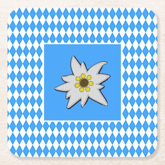 Porta-copo De Papel Quadrado Azul e Branco com Edelweiss Oktoberfest  (Frente)