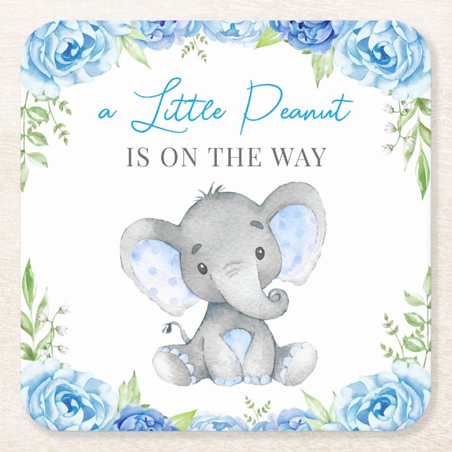 Porta-copo De Papel Quadrado Azul Elefante, Chá de Bebê-Rapaz, Sprinkle Anivers (Frente)