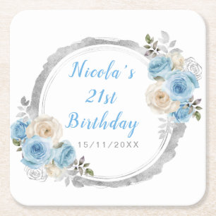 Porta-copo De Papel Quadrado Azul Empoeirado Prata Flores Elegantes Aniversário