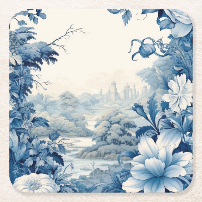 Porta-copo De Papel Quadrado Azul floral francês (Frente)